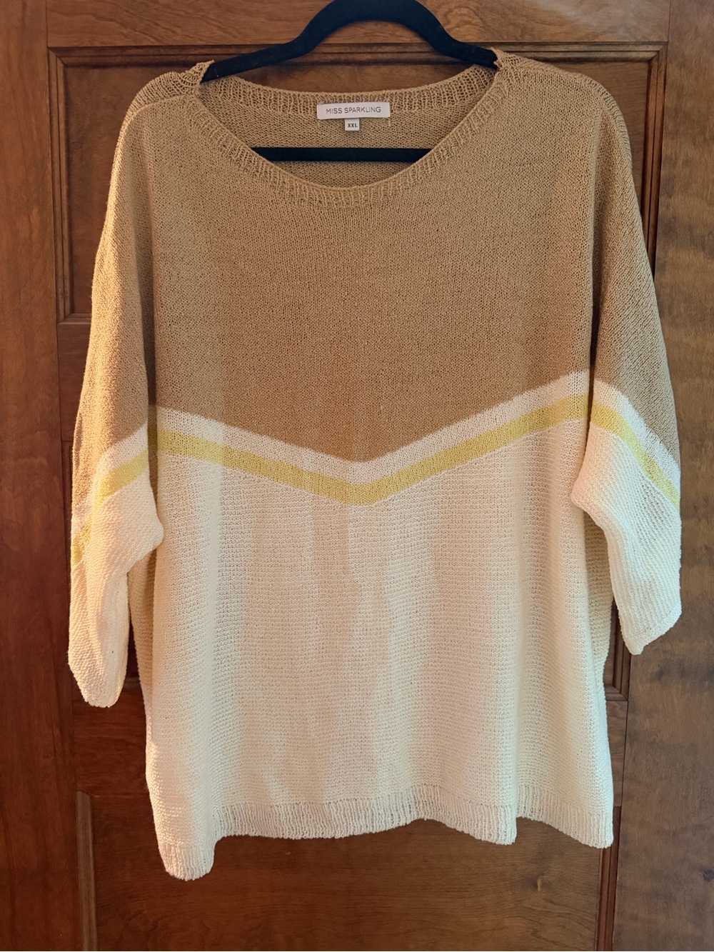 Miss Sparkling Cream & Tan Chevron-Stripe Scoop Neck Sweater